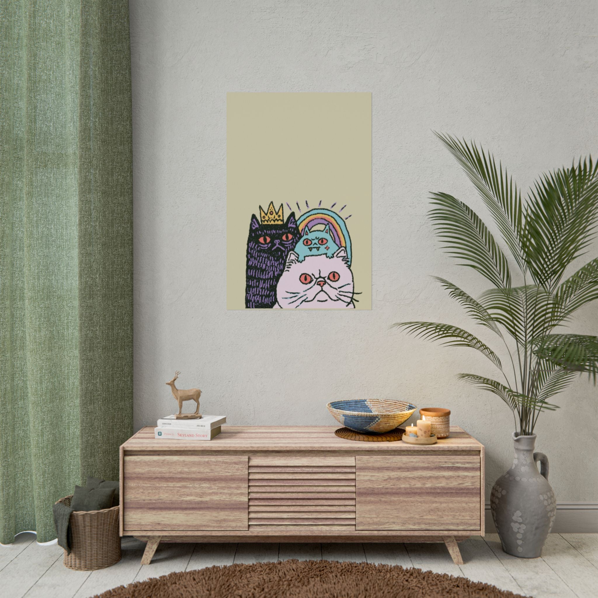 Cute Royal Cats Poster | Trio of Kittens with Crown & Rainbow Rolled Art Print