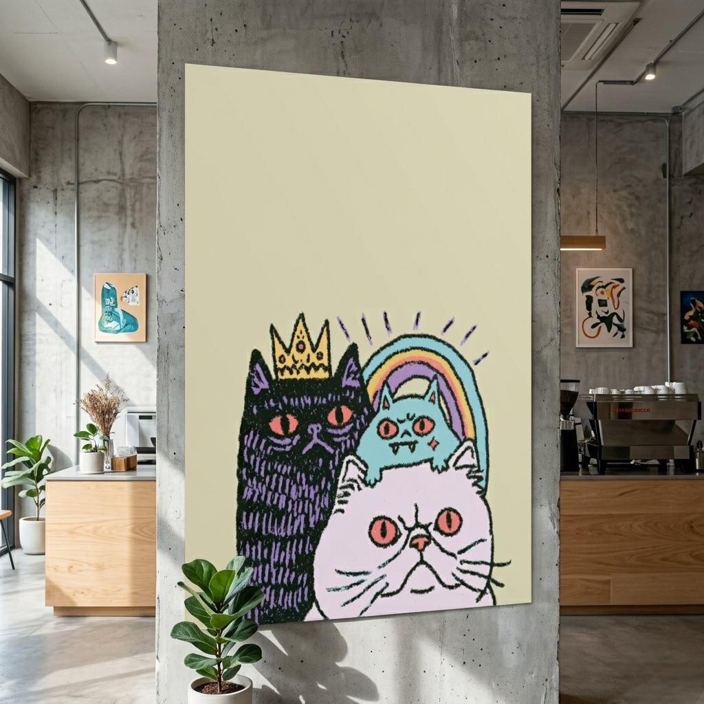 Cute Royal Cats Poster | Trio of Kittens with Crown & Rainbow Rolled Art Print